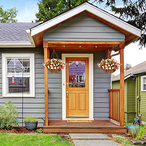 Inqcmy Artificial Hanging Flowers In Basket For Patio Lawn Garden Decor,12 Inch Coconut Lining Hanging Baskets With Artificial Daisy Flowers For The Decoration Of Outdoors And Indoors (Red And White) #TOP3