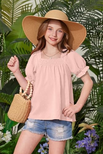 Image of BesserBay Girls Summer Puff Short Sleeve Square Neck Tee Shirts Ruffle Smocked Blouses Cute Swiss Dot Tops 5-14 Years