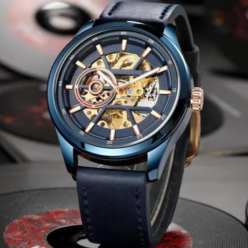 Image of Luxury Automatic Mechanical Watch, Gold-Tone Case, Brown Leather Strap, Skeleton Dial