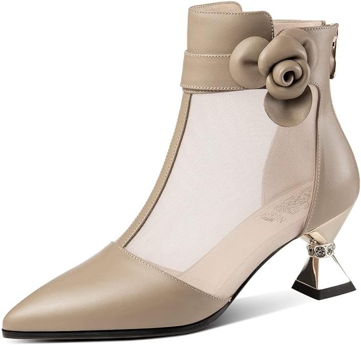 TinaCus Women's Pointed Toe Genuine Leather & Mesh Handmade Flower Décor Mid Heels Back Zipper Stylish Ankle Boots