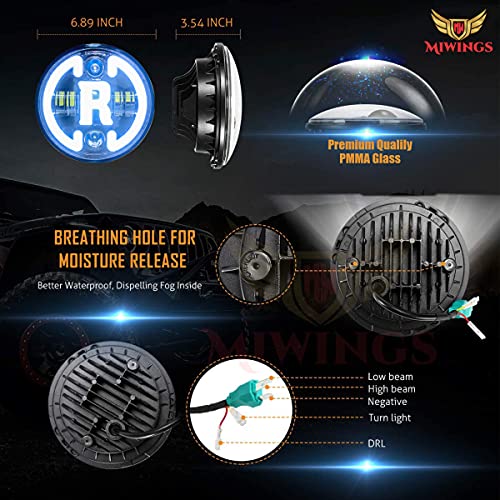 Image of Miwings 7 inch Round LED R Stylish Hi /Low Beam 75W H4 Headlight Compatible with Royal Enfield, Jeep, Thar, Motorcycle, Cars, Harley Davidson (Color Amber & White)