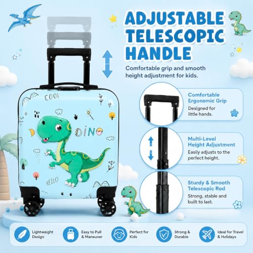 Image of Kids Carry On Luggage with Wheels,18-inch Hard Shell Suitcase Lightweight Toddler Rolling Trolly with Retractable Handle,Durable Hardside Spinner Trolly for Airplane Travel (Blue Dino)