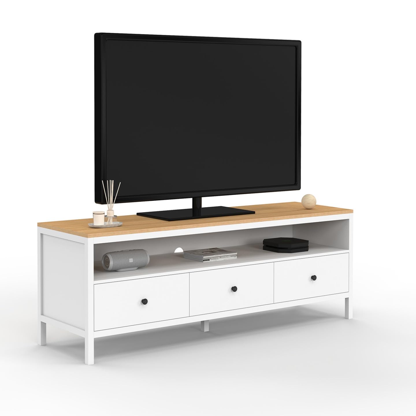 IDMarket - Meuble TV 140 cm Achille 3 tiroirs Blanc et Plateau Bois