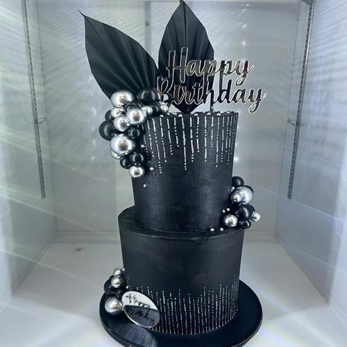 Silver Black Balls Cake Toppers Happy Birthday Cake Decorations for Wedding Baby Shower Birthday Party Decorations (Silver Black) by LEFUBABY - Used condition - Image 4