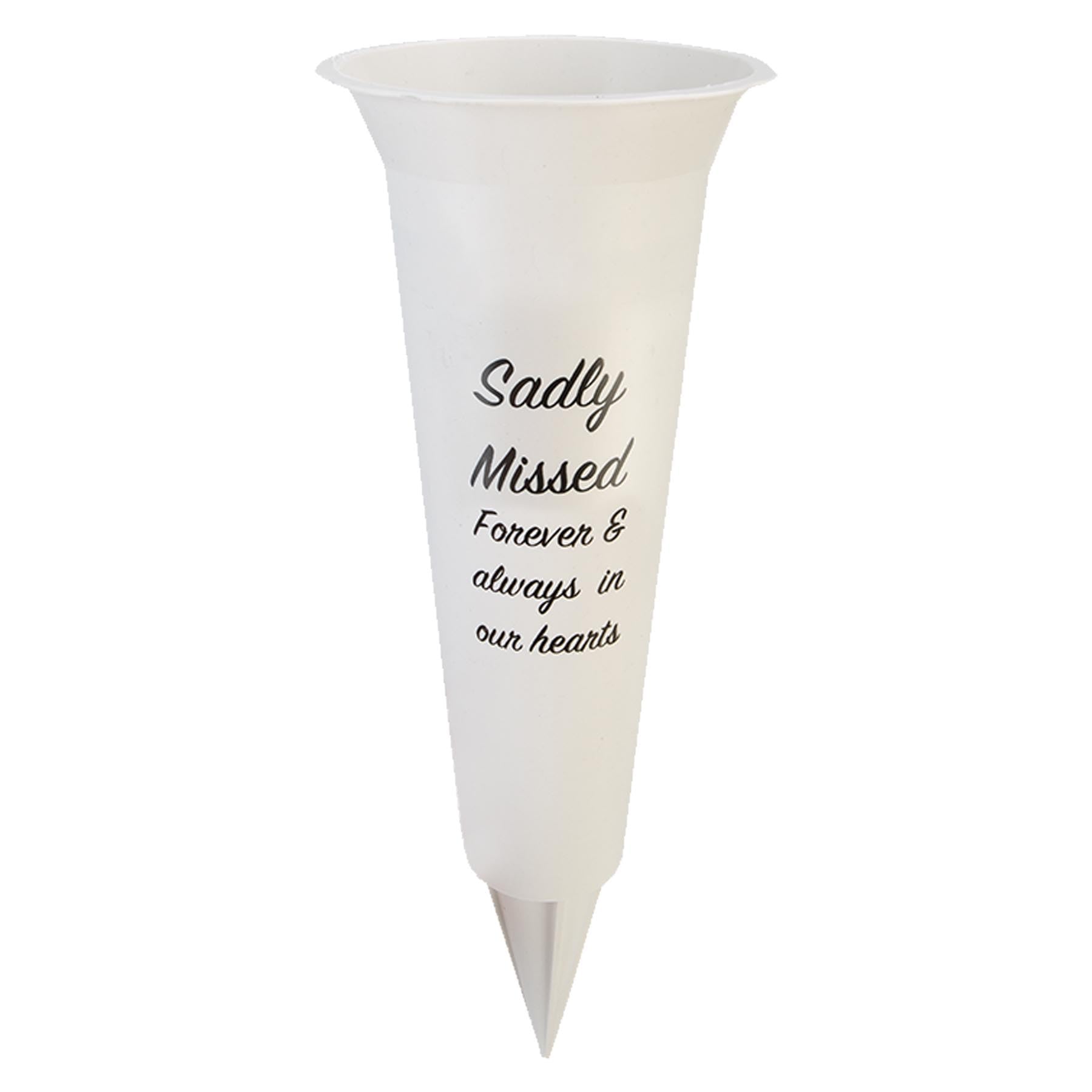 Memorial Grave Flower Pot - 33cm tall Sturdy White Memorial Graveside Flower Vase with Spike anf Flower Insert (Sadly Missed 0187)