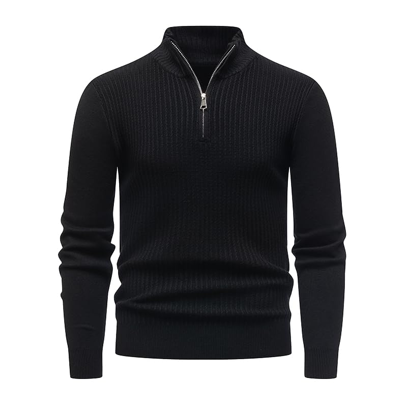 Men's Slim Standing Knit Sweater Quarter Zipper Crew Neck Casual Long Sleeve Turtleneck Pullover Sweater