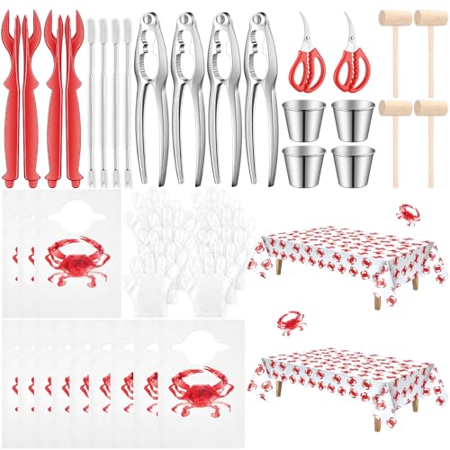 Acellegic 48 Pcs Seafood Tools Set Include Crab Crackers Forks/picks Shellers Seafood Scissors Hammer Dipping Sauce Cups Bibs Disposable Gloves Tablecloth (Crab)