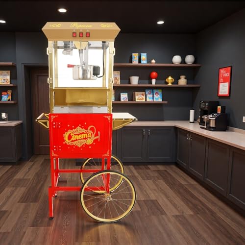 Image of 16 Oz Commercial Popcorn Machin with Cart, Vintage Theater Style Popcorn Cart, Bring Home the Fun with Theater Style Popcorn Machine, Red