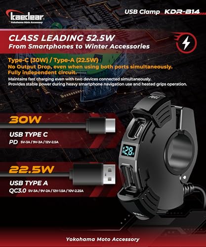 Image of Kaedear USB-C & USB-A Motorcycle Charger, PD 30W, KDR-B14