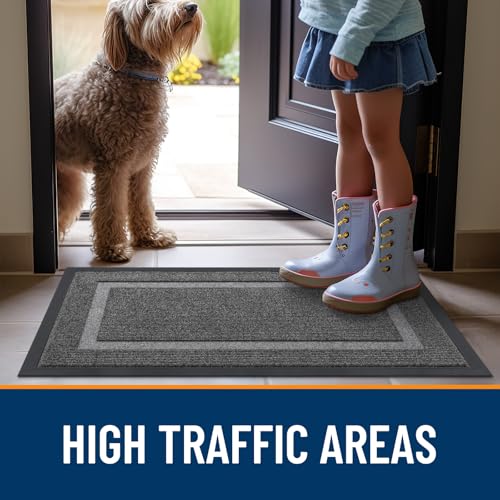 OLANLY Front Door Mat Indoor Outdoor Entrance, Waterproof All-Season, All-Weather Doormat, Sturdy Natural Rubber, Fade Resistant, Low Profile, Easy Clean Patio Porch Entryway Mat, 47x32, Dark Grey