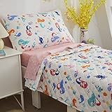 Brandream Toddler Bedding Sets for Girls Ocean Mermaid Comforter Quilt Set Bed in A Bag Kids Nautical Bedding 4 Piece Animal Sheet Set with Pillowcase, 100% Cotton