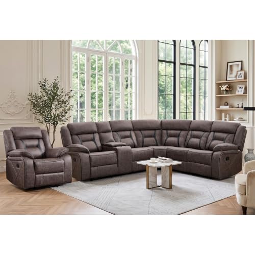 Image of EBELLO Faux Leather Reclining Sectional Sofa Set for Living Room, 1 Recliner Chair and L-Shaped Reclining Couches Home Furniture Set with Center Console, Hidden Cup Holders and Storage, Grey