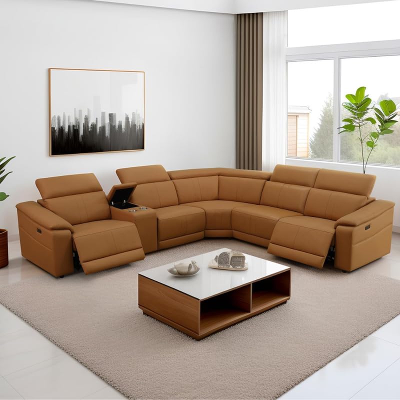 Image of Homax. Royale Leatherette Upholstered 5 Seater Power Reclining Sectional Sofa with Adjustable Headrests, Built-in Console & USB Charging Ports, Colour - Camel Brown