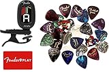 Fender Auto Clip Chromatic Tuner for Acoustic Guitar, Electric Guitar, Bass, Mandolin, Violin, Ukulele, and Banjo Bundle with 24pk Fender Guitar Picks and Fender Play
