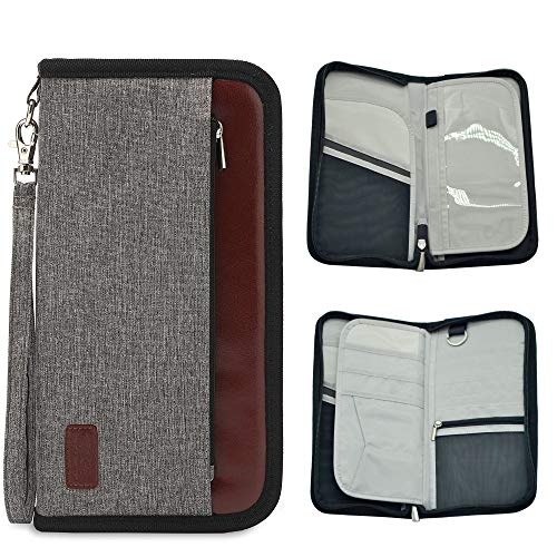 Preisvergleich Produktbild Reiseorganizer mit RFID-Schutz Reisepasshülle mit Reißverschluss Reisepass Tasche Reisedokumententasche mit Handschlaufe Reisegeldbeutel viele Fächer für Damen und Herren (Grau-2)