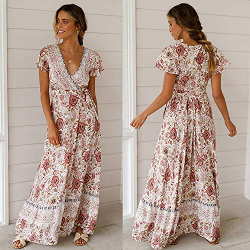 Ecowish Women's Dresses Bohemian Wrap V Neck Short Sleeve Ethnic Style High Split Beach Maxi Dress Beige Medium #TOP3