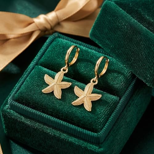Image of Gold Starfish Mermaid Tail Dangle Drop Earrings for Women, Trendy Cute Pearl Fish Tail Shell Textured Hoop Dangling Earing Summer sea Beach Jewelry Gift.