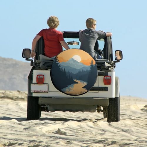 Image of Camping Spare Tire Cover 14 Inch Mountain Adventure Weatherproof Universal Wheel Protectors Watercolor Nature Landscape Universal Fit for Trailer SUV Truck Camper Travel Trailers Accessories