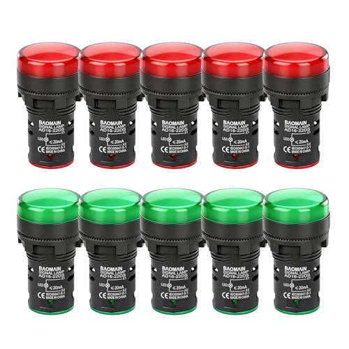 Image of BAOMAIN 22mm LED Industrial Indicator Light,110V AC Pilot Signal Lamp for Industrial Machinery Control Circuits,7 /8 inch Panel Mount, Screw Terminal,2-Color,5 Each of Red,Green