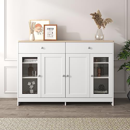 Ymkua Sideboard, Buffetschrank, Kommode für Wohnzimmer und Esszimmer, Aufbewahrungsschrank mit 4 Türen und 2 Schubladen, Moderner Wohnzimmerschrank, 120x37x80 cm, Weiß und Natur