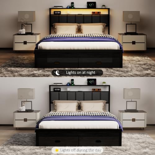 Image of Queen Bed Frames with Storage Drawer, Platform Bed with Charging Station and LED Lights, Upholstered Headboard with 2-Tier Storage Shelves, No Box Spring Needed