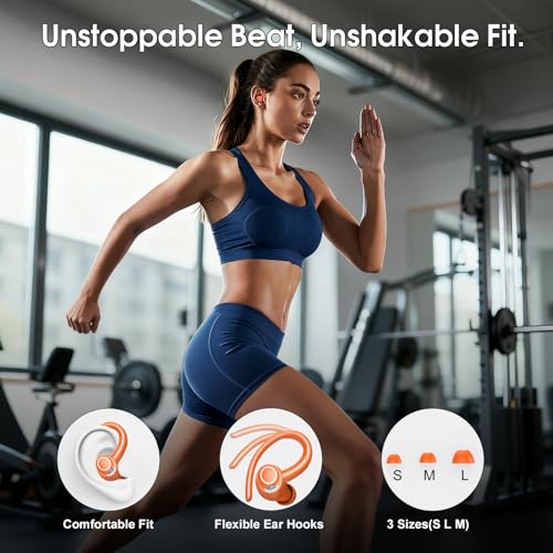 Image of Wireless Earbuds Bluetooth 5.3 Headphones Sports, 48H Earphone with ENC Mic, Stereo Deep Bass Bluetooth Earbud with Secure Earhooks, LED Display, IP7 Waterproof Over Ear Bud for Running Pumpkin Orange