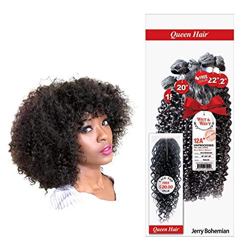 Jerry Bohemian Curl Brazilian Virgin Remy 100% Unprocessed Human Hair Extensions Weft Weave 6 Bundles + Free Closure - Sew In or Glue In