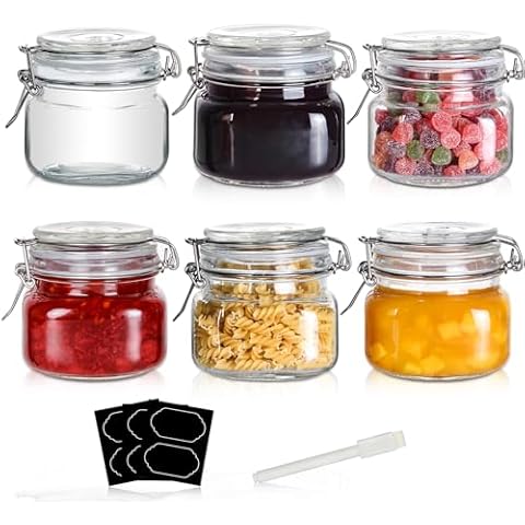 YEBODA 16oz Food Storage Canister Glass Jars with Clamp Airtight Lids and Silicone Gaskets for Multi-Purpose Kitchen Containers - Clear Square (6 Pack) Cover