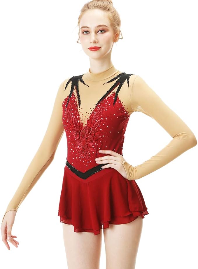 BINGHUOZHIWU Red Ice Skating Skirt Figure Skating Dress LongSleeved
