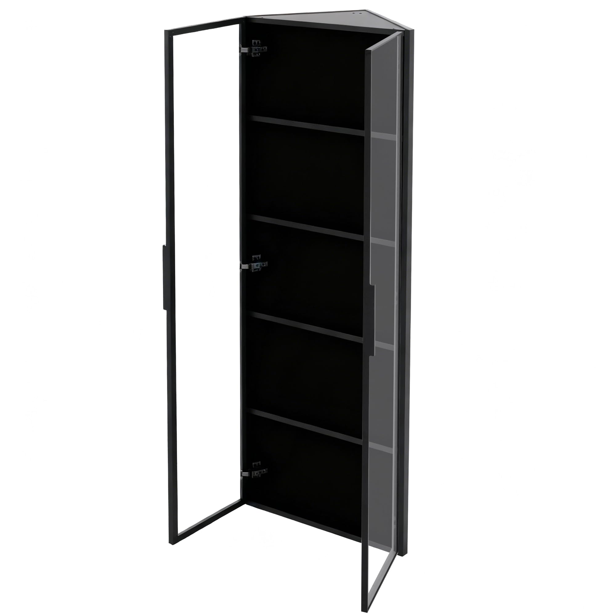 Vetrina in vetro a LED, 62 x 35 x 160 cm, nera, con strisce luminose integrate, vetrina in vetro temperato resistente alla polvere, con elementi angolari con ante – armadio ad angolo, libreria