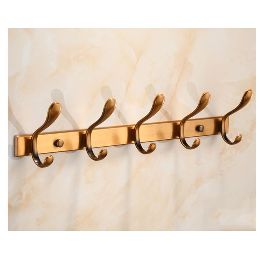 LMYSXAOZ Vintage Metal Coat Rack Wall Mount, Gold Aluminum Thickened Hooks Hanging Rail Antique Clothes Towel Racks for Bathroom Entryway Bedroom Behind The Door 6hook