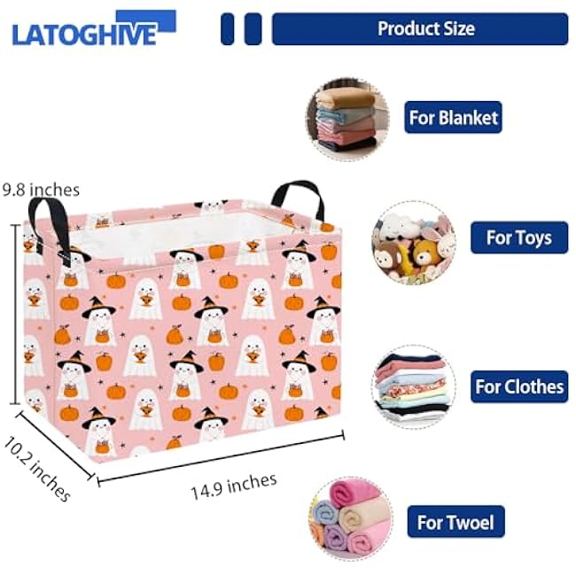 Rectangular Halloween Basket Storage Basket Waterproof Storage Bin for Bedroom Collapsible Bin Books Box Room Decor(Pink Ghost)