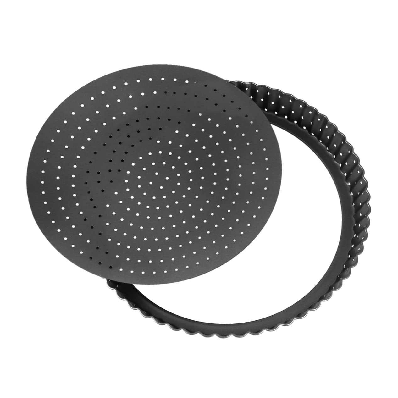 BRIGHTFUFU Non Stick Pizza Pan with Holes Large Baking Tart Mould Removable Bottom Tray for Quiche Cheesecake Muffins and Desserts Fluted Sides for Easy Release