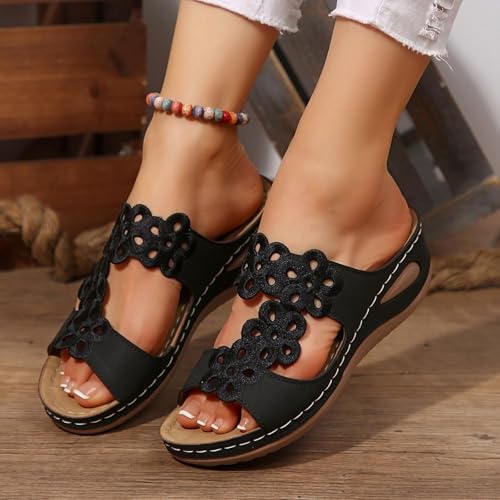 ZSpzx Wedge Sandals For Women 2025, Flower Embroidery Orthopedic Arch Support Summer Outdoor Walking Footwear Party Dance Ladies Dress Women Wedge Slip-On Vacation Slippers Comfortable2