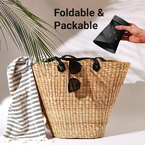 Straw Visor Hats For Women - Foldable Womens Beach Sun Hat Wide Brim Roll Up Visors Summer Ponytail Packable Travel Sunhat Upf50+ (Black) #TOP6
