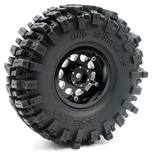 4Pcs Rc 1.9 Mud Slingers Tires Super Grip Tyre Height 120Mm / 4.72Inch & 1.9 Beadlock Wheel Rim Hex 12Mm Black Color #TOP5