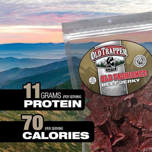 Image of Old Trapper Beef Jerky, Old-Fashioned 8 Ounce Bag, Tender Meat Snacks for Lunches or Between Meals, 11 Grams of Protein, Zero Grams of Fat, and 70 Calories per Serving (Pack of One)