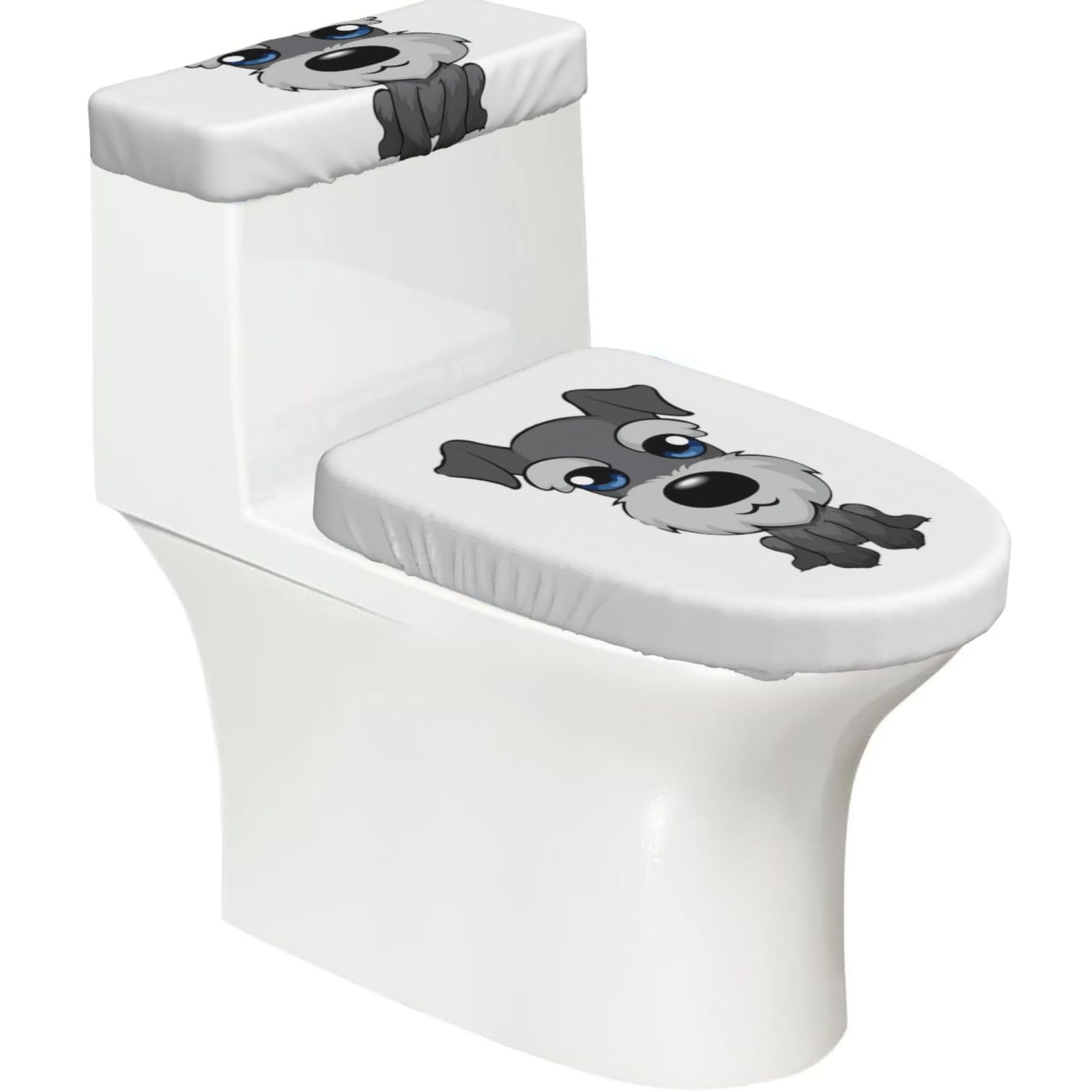 Adorable Schnauzer Print 2-Piece Stretch Toilet Cover Set, Elastic Breathable Toilet Seat and Tank Lid Protector