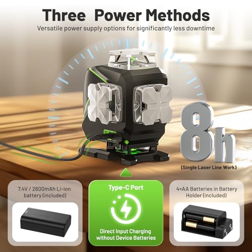 Image of Huepar Laser Level 360 Self Leveling, S04CG 4x360 Green 4D Cross Line Laser with LCD Screen with Receiver -Pulse Mode, Bluetooth, Remote Control, Rechargeable 16 Lines Laser Tool for Construction
