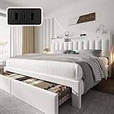 CypBed Queen Bed Frame with Headboard ＆ 4 Storage Drawers,Velvet Upholstered Platform Bed Frame Queen Size with 3 USB & Type-C Charging Ports,Solid Wood Slats,No Box Spring Needed, No-Noise,White,Gift