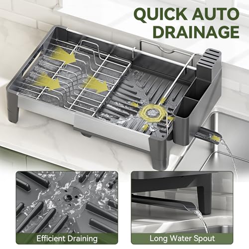 Urackify Expandable Dish Drying Rack, Stainless Steel Dish Rack with Aluminum Frame, Dish Drainer for Kitchen Counter, Space Saving Kitchen Drying Rack with Movable Utensil Holder, Gray by Urackify - Used condition - Image 5