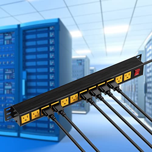 12 Outlet Metal Power Strip, 19Inch Rack Mount Heavy Duty Power Strip For Network Cabinet Garage Workbench, 6Ft Sjt 16Awg Power Cord, Black Yellow #TOP6