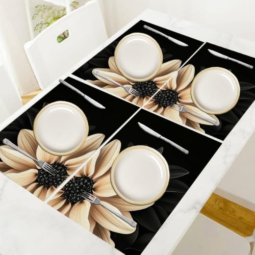 Set de table en lin de coton de qualité supérieure noir motif chrysanthème chic - 6