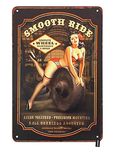 Hosnye Smooth Ride Wheel Pin Up Girl Tin Sign Sexy Woman Lie Down The Wheels Vintage Metal Tin Signs For Men Women Wall Art Decor For Home Bars Clubs Cafes 8X12 Inch #TOP22