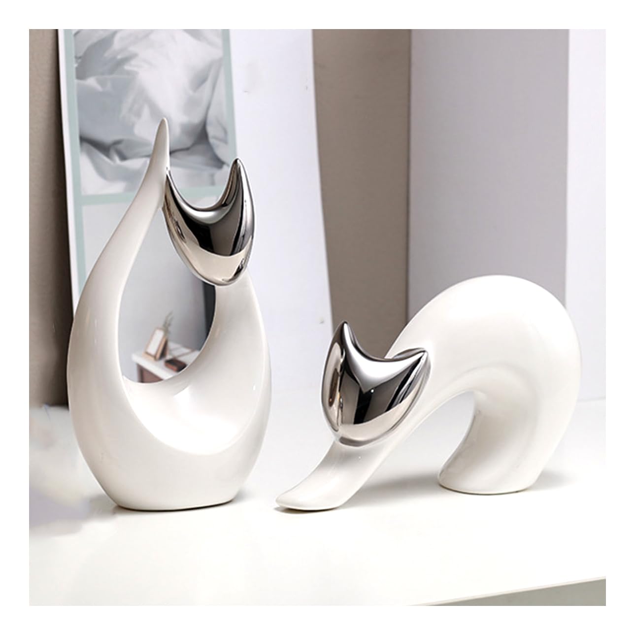 Tauzveok Cat Deco Statue, Modern Abstract Art Sculptures,Cat Sculpture for Decoration Living Room, Office, Bedroom, Ceramic,Lucky Cat,Silver 2