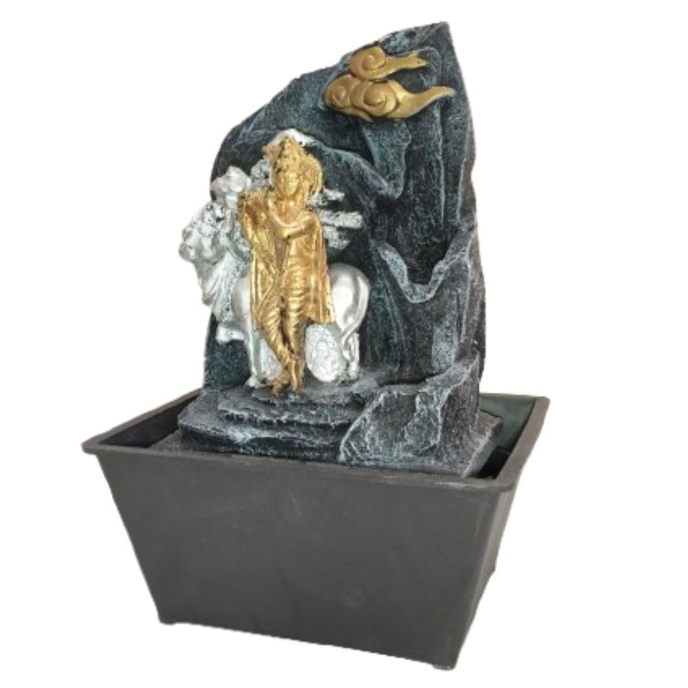 Lord Krishna Tabletop Water Fountain with LED Lights | Decorative Indoor Waterfall for Home & Office | Vastu Positive Feng Shui Showpiece | Relaxing Flowing Water Feature for Living Room Decor-image-40