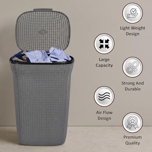 Image of KITCHIVO Plastic Large 55 Ltr Laundry Basket with Lid & Handle | Multipurpose Hamper Bins Storing Washable Clothes, Blankets | Household Ideal for Home & Bathroom (Marriott Grey Laundry Basket)