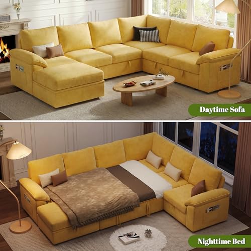 Image of 108 Inch Modular Sectional Sofa with Pull Out Bed,U Shaped 7 Seat Sectional Sleeper Sofa with Storage,Sectional Couches for Living Room,Cloud Modular Couch,Removable Sofa Cover,Yellow