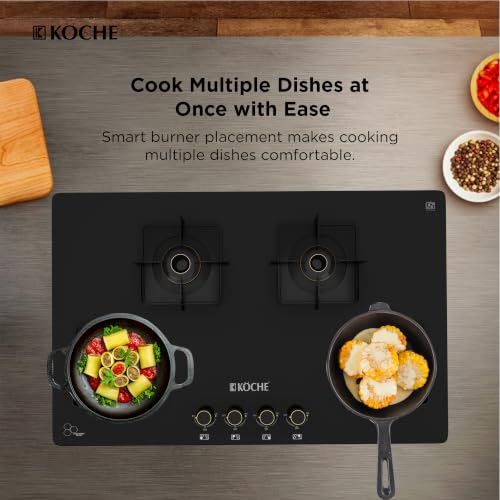 Image of KOCHE BETTY 4 Burner Built-In Gas Hob 80cm Auto Ignition | Hob /Cooktop Hybrid | High Power Brass Burners Gas Stove | Cast Iron Pan Support | Metal Knobs | Black Toughened Glass | 5 Years Warranty