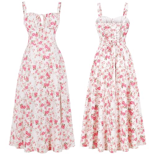 Image of Women Floral Corset Dress 2026 Boho Midi Sundress Summer Dress | Flowy A-Line Dress with Adjustable Spaghetti Straps Lace Up Back Front Slit High Waist for Vacation Wedding Guest